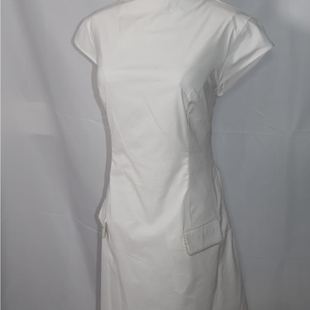 Anthropologie Cream Pleated Sheath Dress with Mock Neck